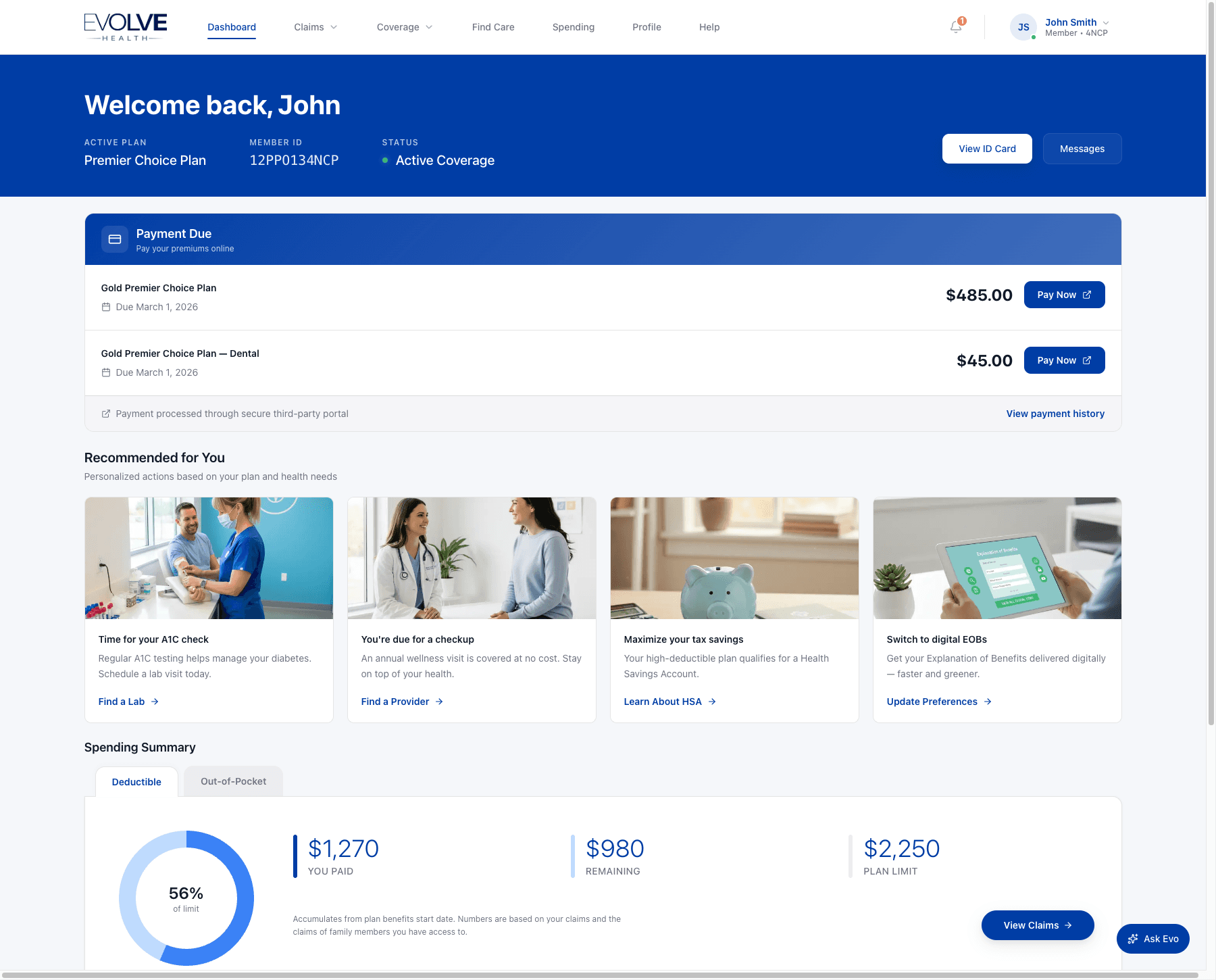 Evolve Health member portal preview showing the welcome dashboard, payment cards, and recommended actions.