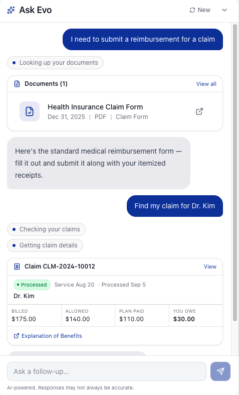 Ask Evo conversation: a member asks about submitting a reimbursement claim and finds claim CLM-2024-10012 for Dr. Kim with the billed, allowed, plan-paid, and member-owed amounts.